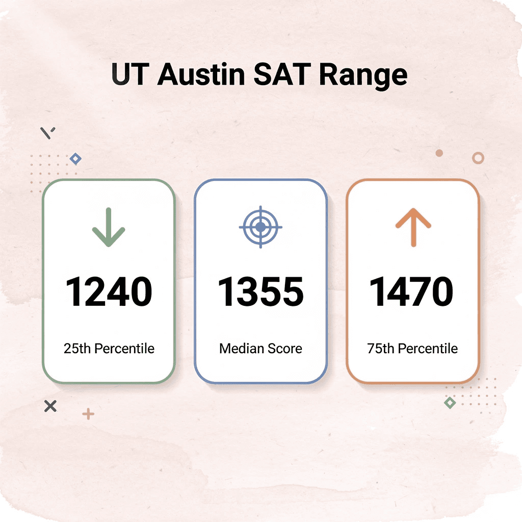 Infographic showing UT Austin SAT score range from 25th to 75th percentile