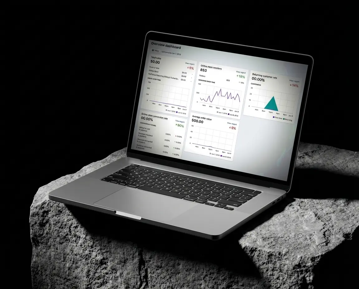 Shopify analytics dashboard showing high website traffic, low sales, zero conversions, and declining customer return rate for an ecommerce store