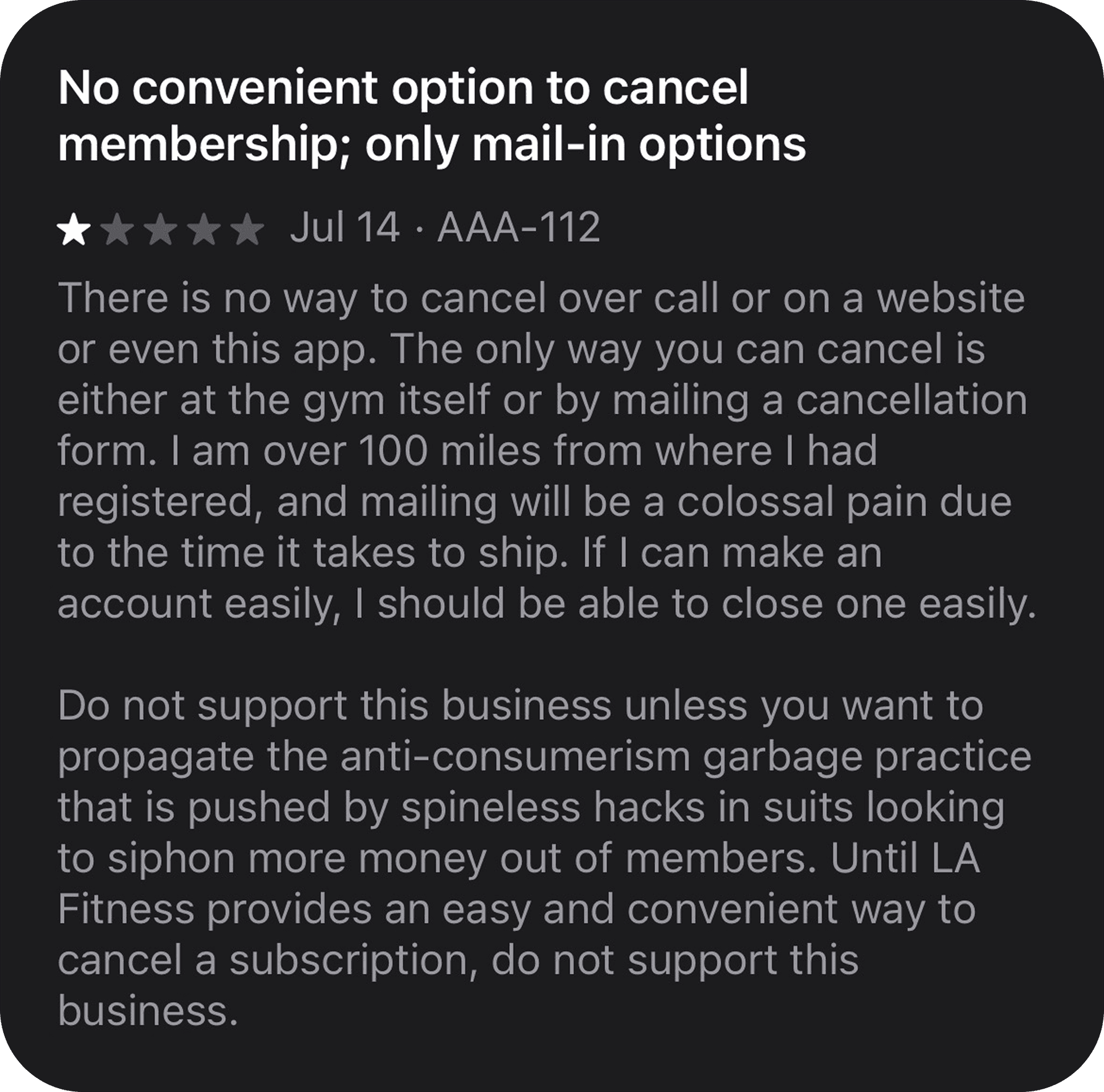 LA Fitness app review from the App Store highlighting critical user feedback