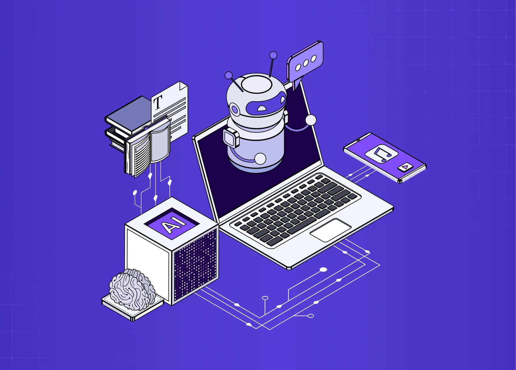 Illustration of AI, design assets, and digital tools connected around a laptop, representing AI-powered design systems and workflows.