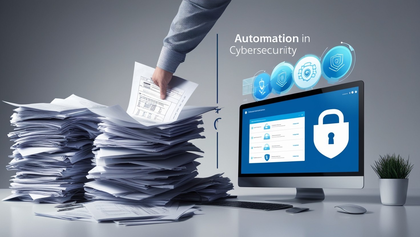 Illustration of a manual security questionnaire process transitioning to an automated digital workflow, representing efficiency, precision, and enhanced cybersecurity through technology.