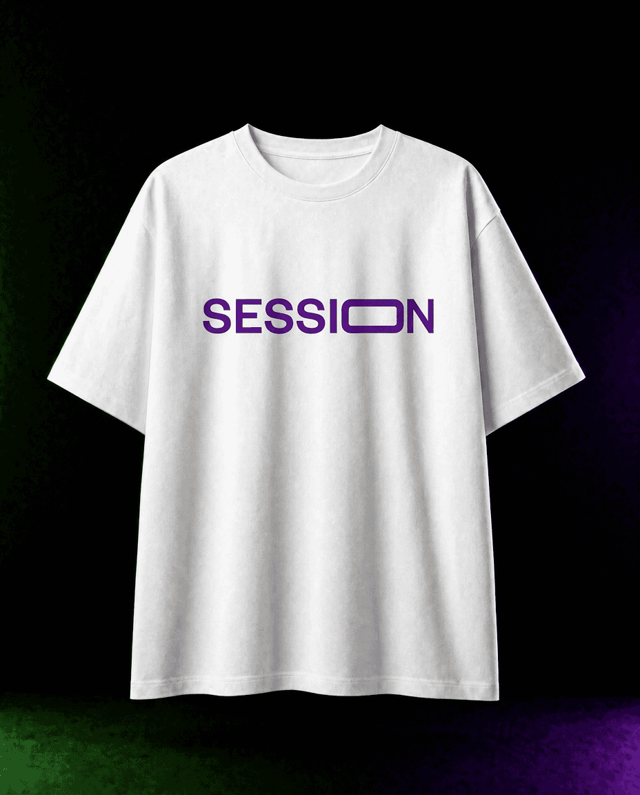 Front of a white Session Zone T-shirt with purple SESSION lettering across the chest.