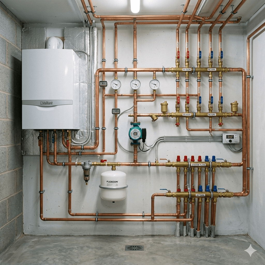 Impianto termico domestico con tubazioni in rame installato professionalmente
