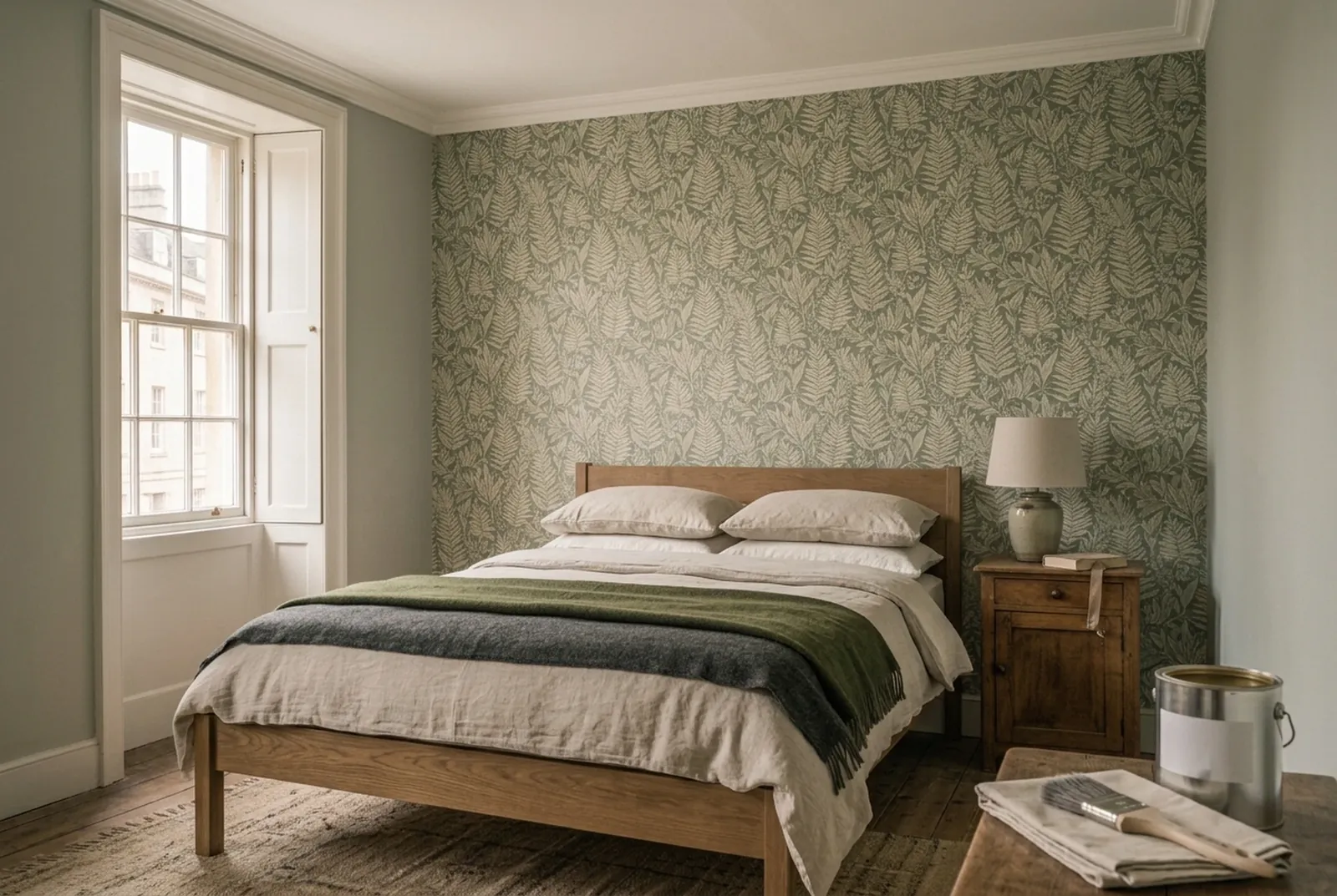 The bedroom after: a botanical fern wallpaper behind the bed, soft grey-green walls either side
