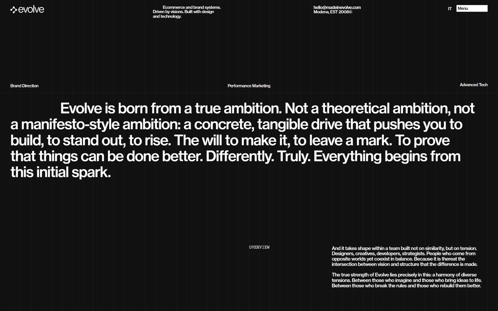 Black background with text: "Evolve is born from a true ambition..." Logo: "evolve." Menu items: "Brand Direction," "Performance...