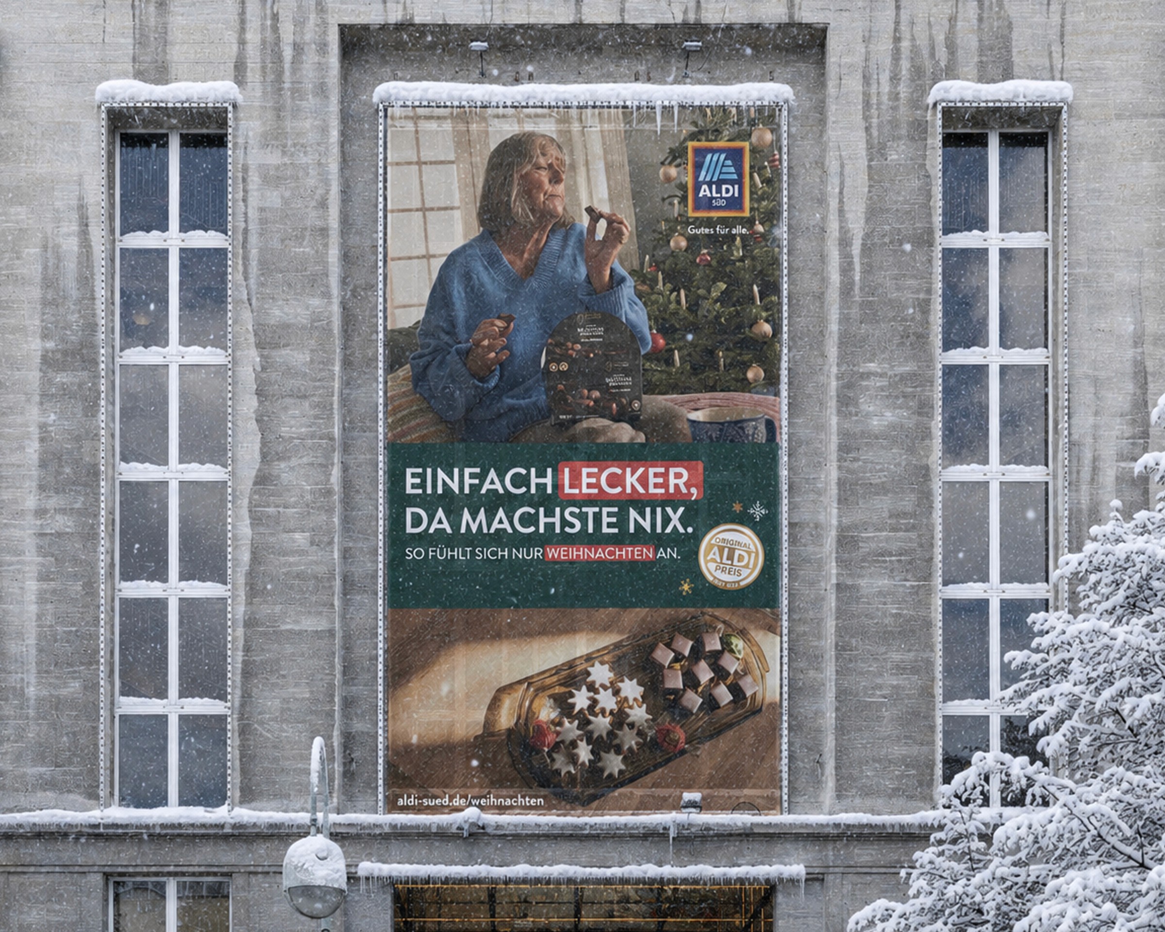 Winter-themed ALDI Christmas billboard featuring festive treats and seasonal product promotion.
