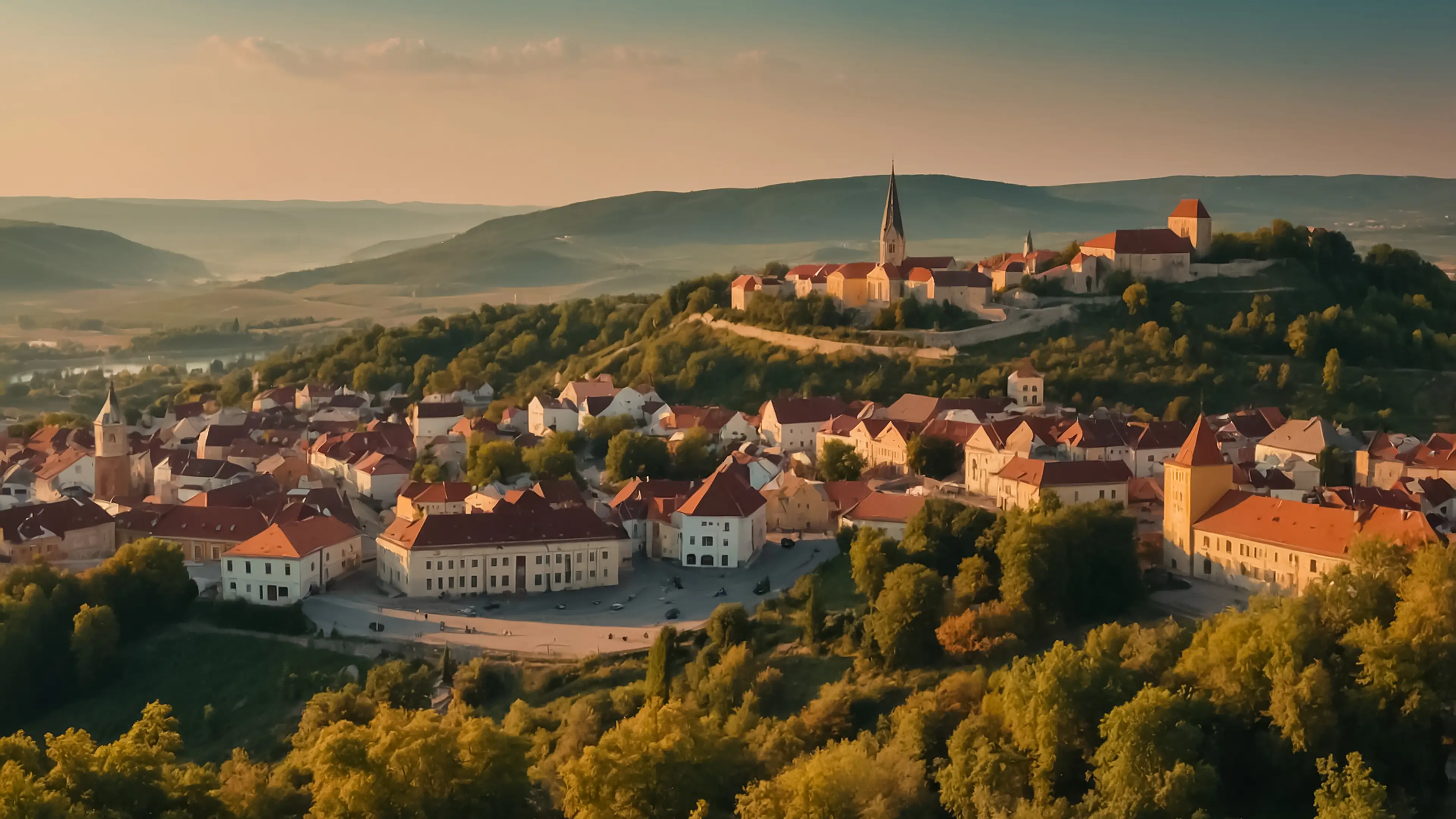 Történelmi tokaj-hegyaljai kisváros légi panorámája, templomtoronnyal és várral naplementében