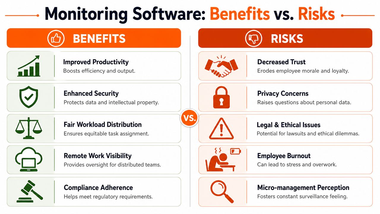 A comparison chart showing the key benefits and potential risks of using employee activity monitoring software.