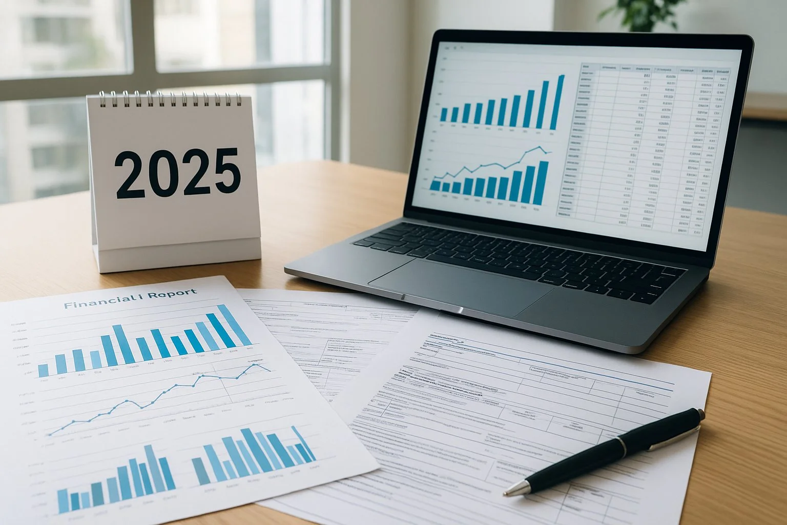 Modern small business office with financial papers, tax forms, and a laptop showing graphs and spreadsheets, with a 2025 calendar symbolizing new tax rules.
