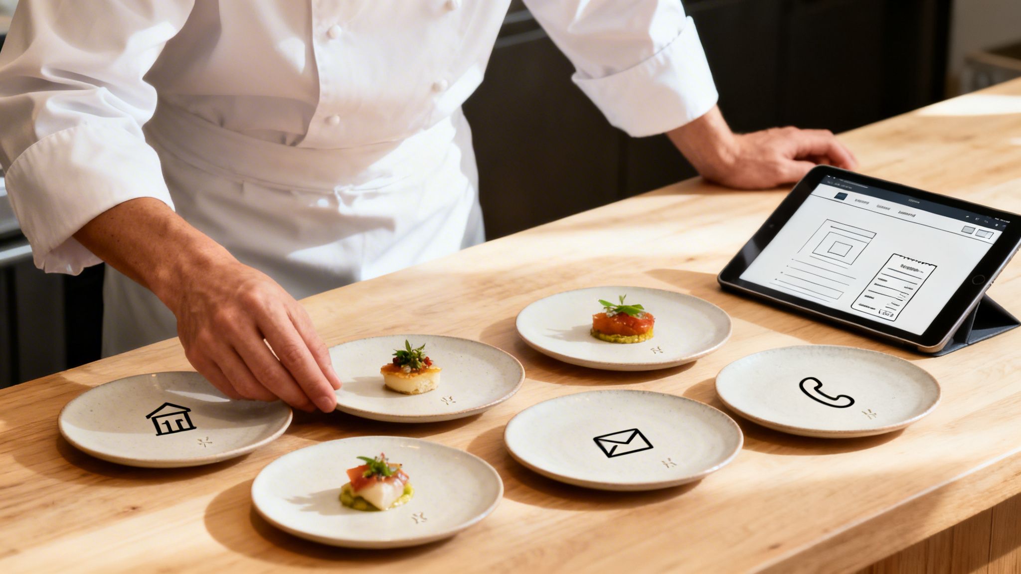 A chef arranges small, elegantly plated appetizers on a wooden table, with a tablet showing digital content nearby.