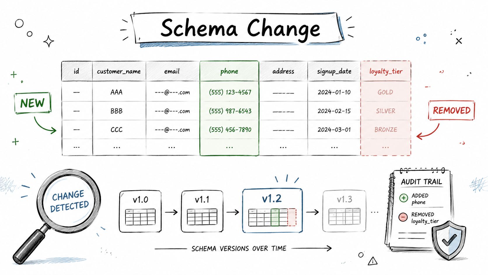 A diagram illustrating a database schema change involving an added phone column and a removed loyalty tier column.