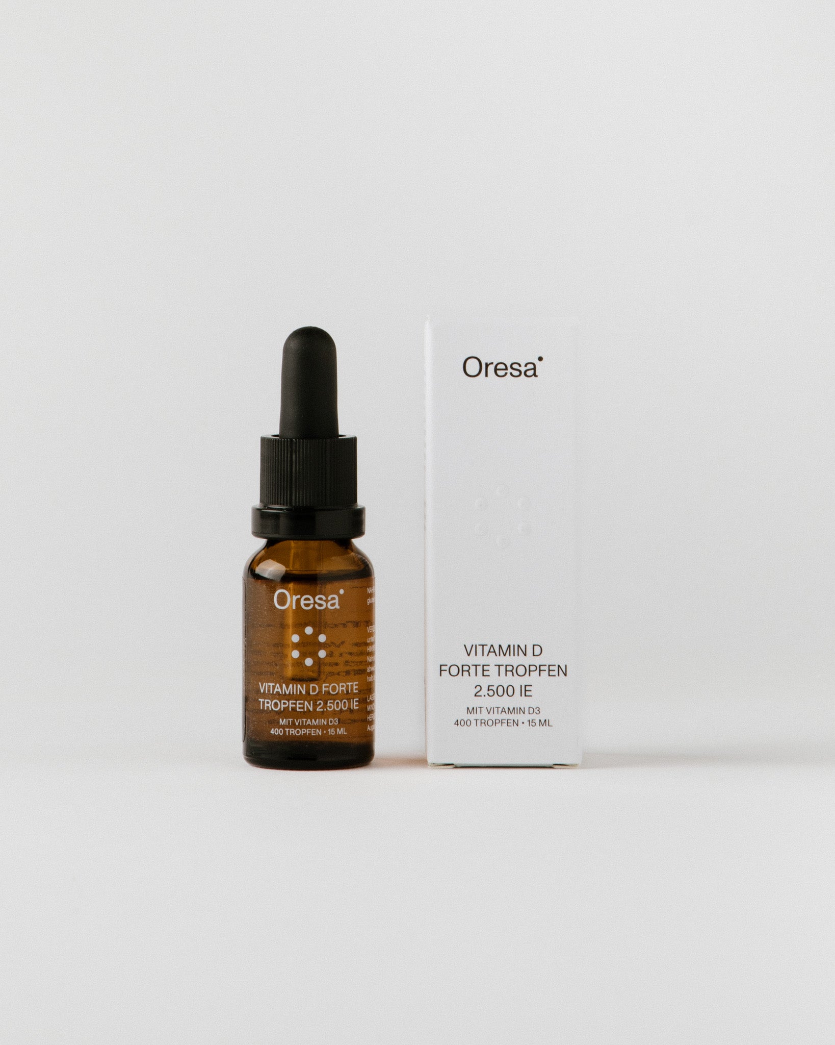 Vitamin D forte Tropfen von Oresa – Glasflasche mit Pipette und Verpackung