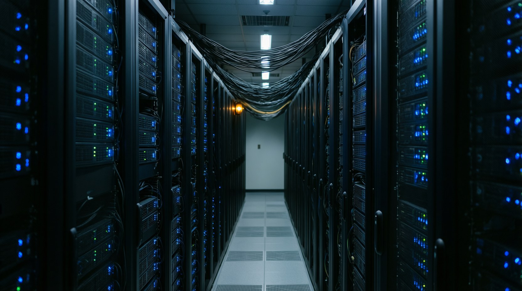 Server aisle with blue status lights