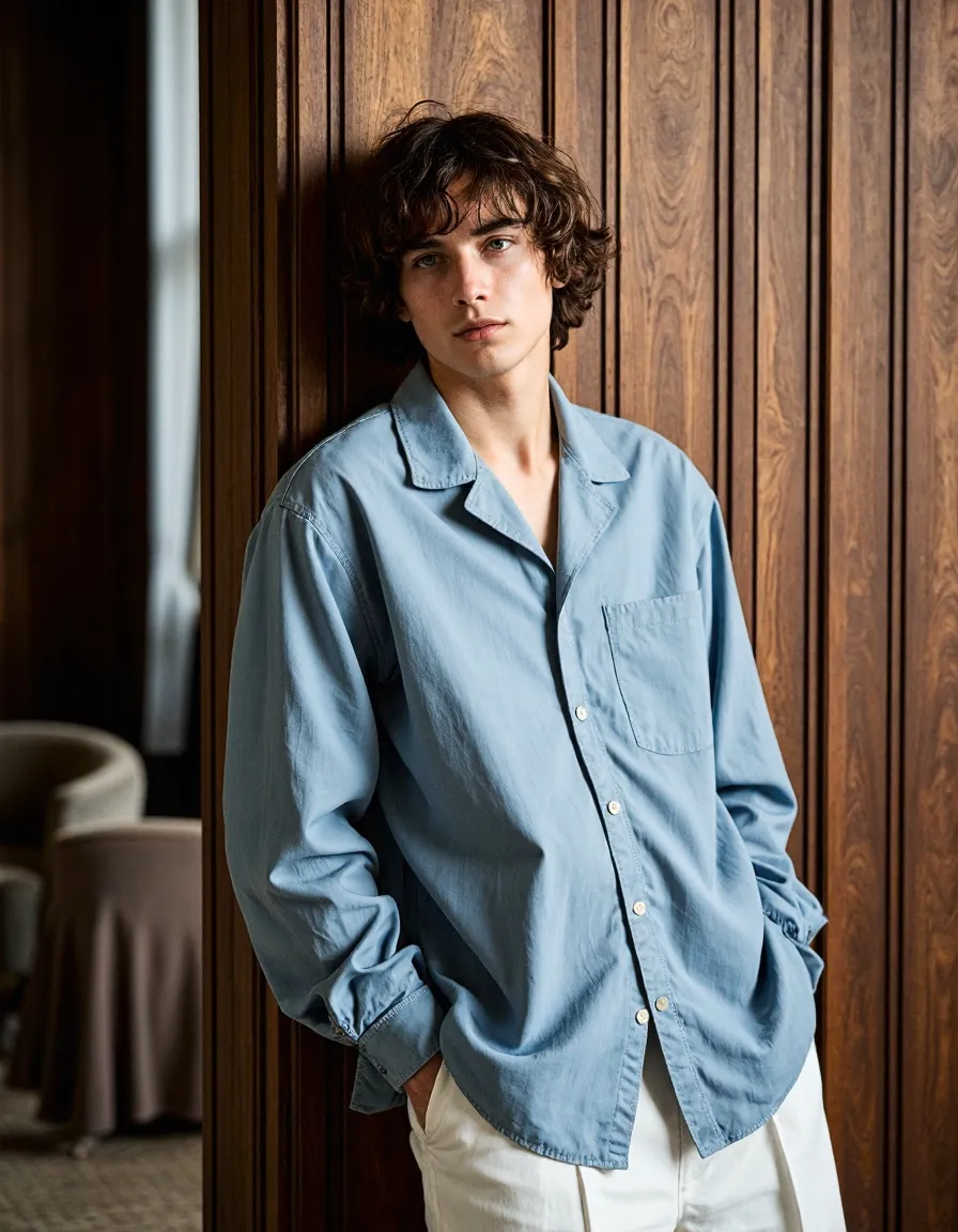 Young man in light blue shirt against wood paneling, professional fashion portrait with natural lighting