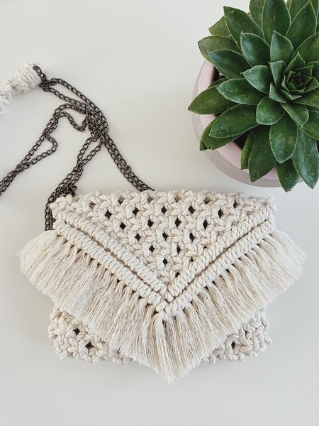 Handcrafted macrame envelope sling bag with fringe detailing