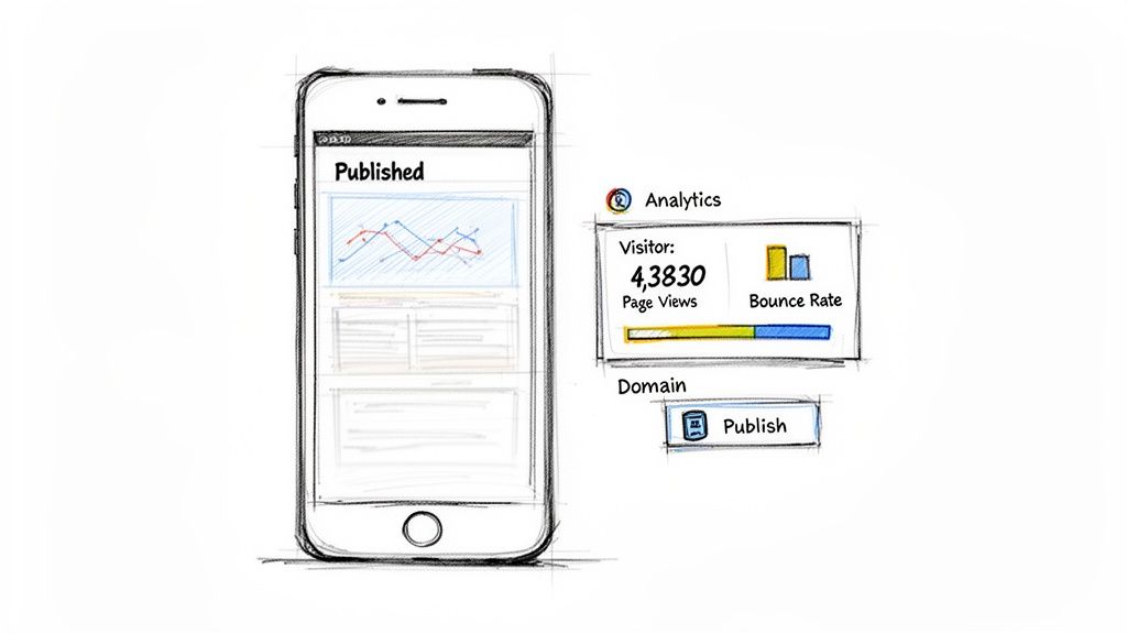 Sketch of a mobile phone showing a published website page with analytics data and a publish button.