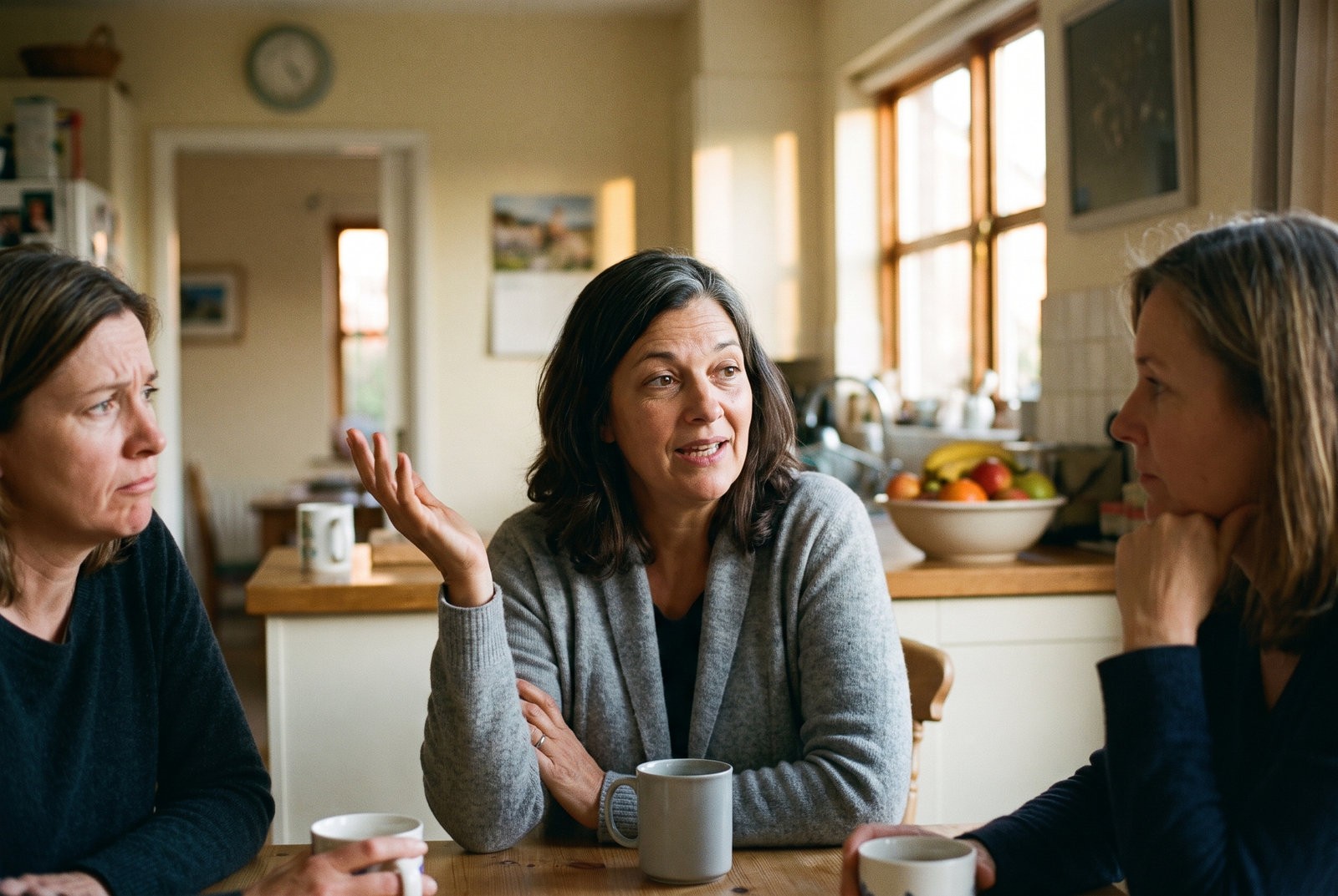 Diane at a kitchen table with two friends her age, mid-story over coffee, one friend giving her a puzzled look.