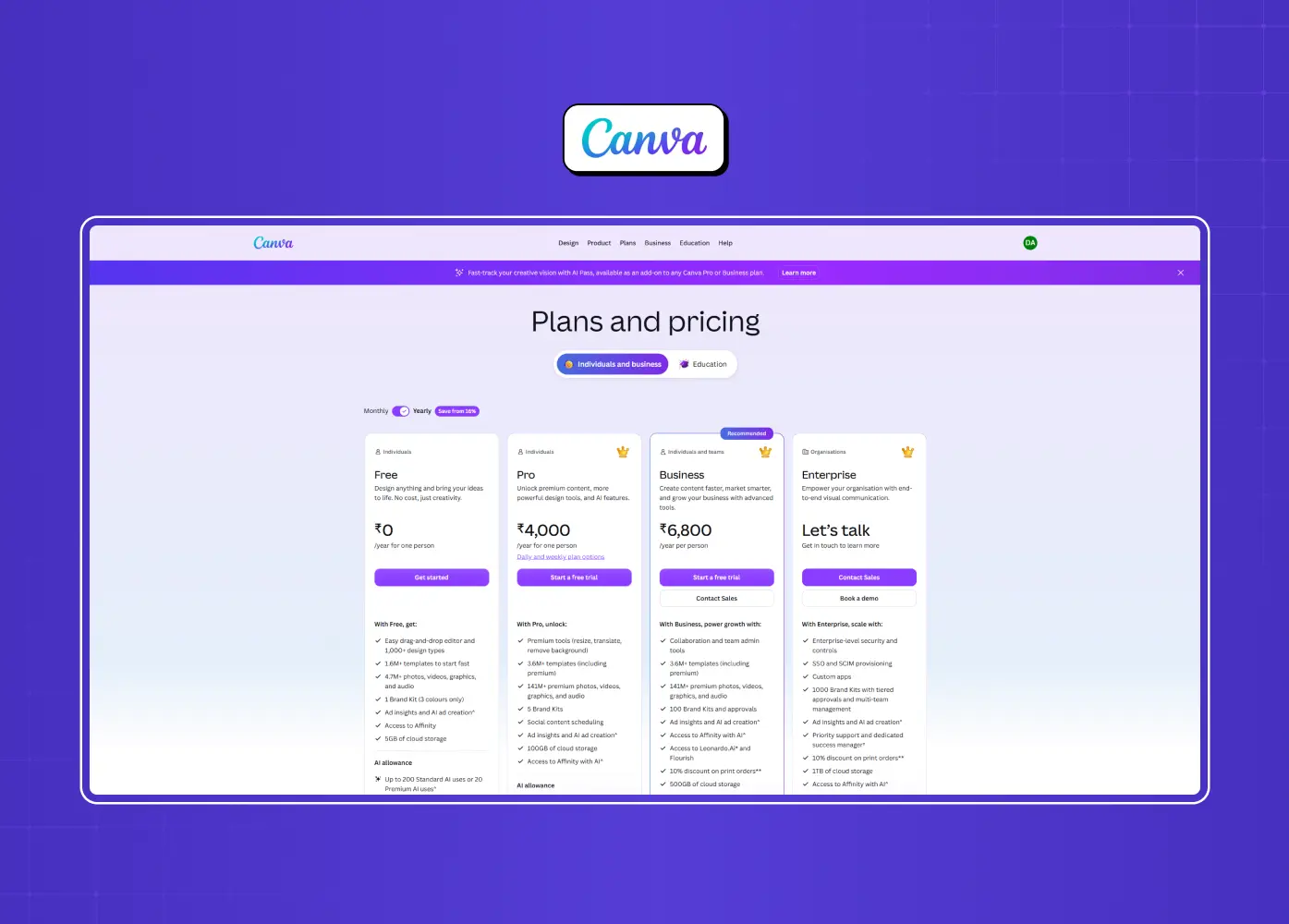 Canva plans and pricing page comparing Free, Pro, Business, and Enterprise subscriptions with feature summaries.