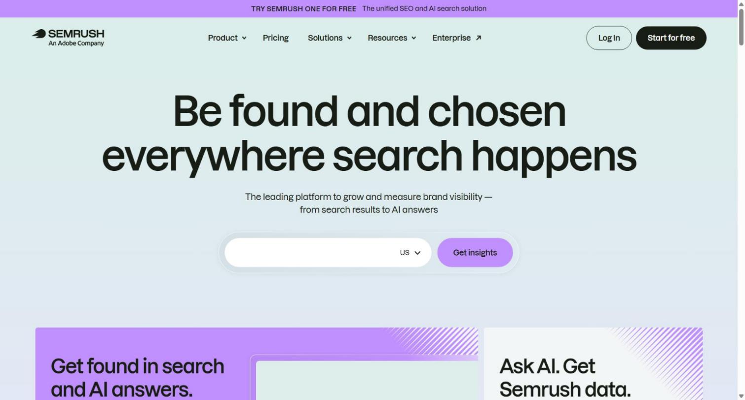 Semrush homepage, a Search Atlas alternative for SEO research