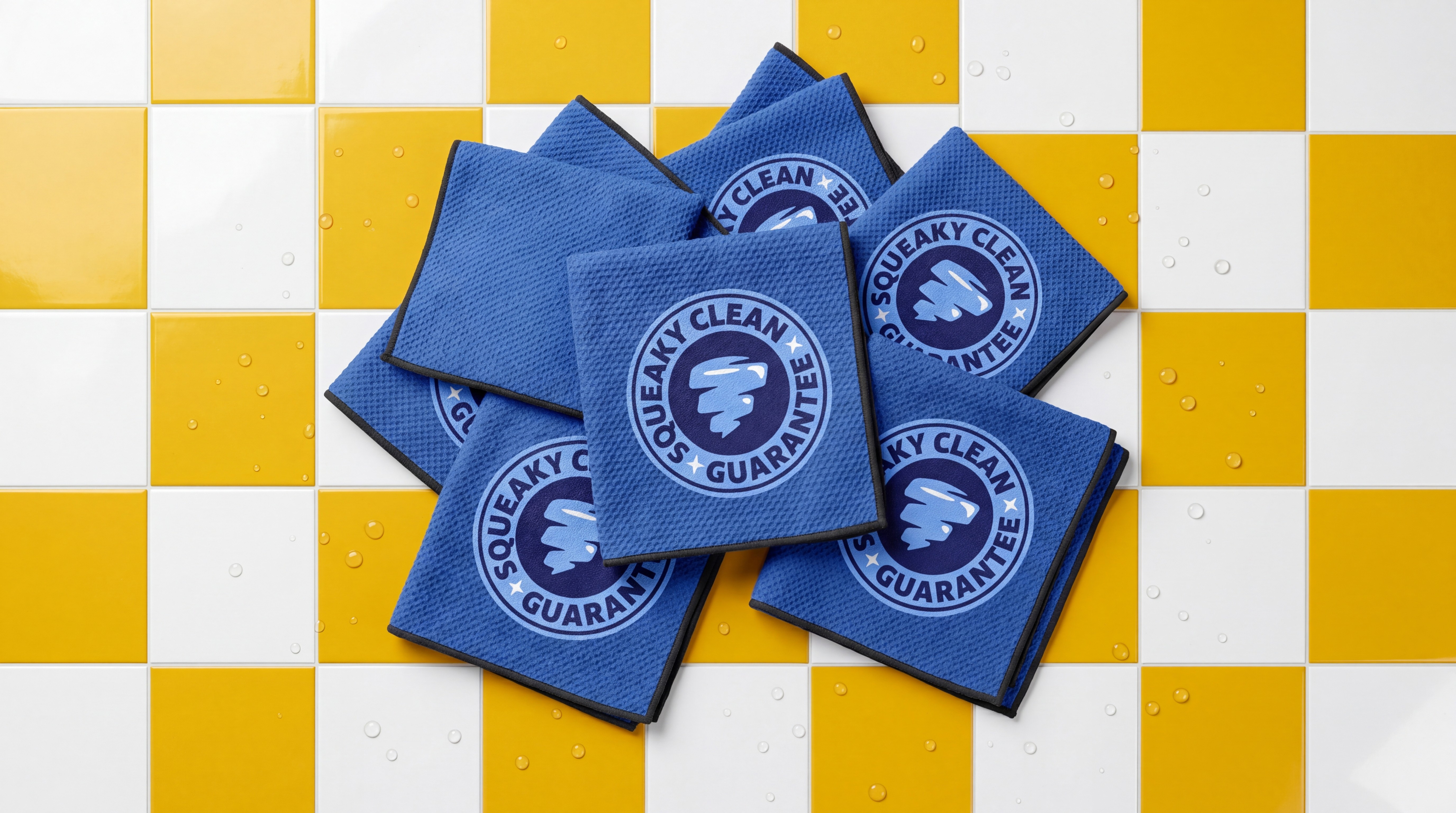 pile of microfiber towels with squeaky clean guarantee on them