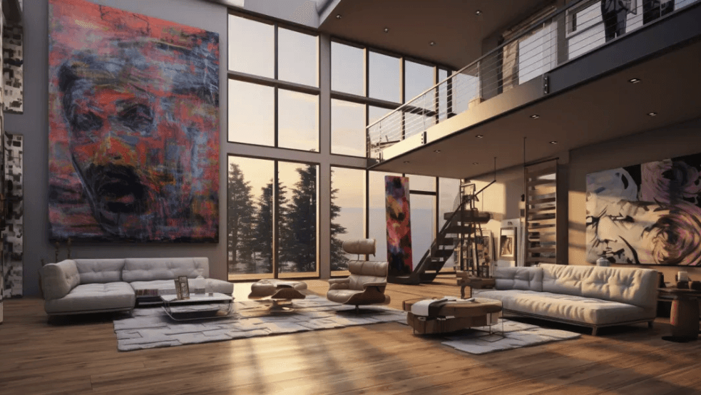 Double-height gallery-style living room with floor-to-ceiling windows, contemporary art, and mezzanine level