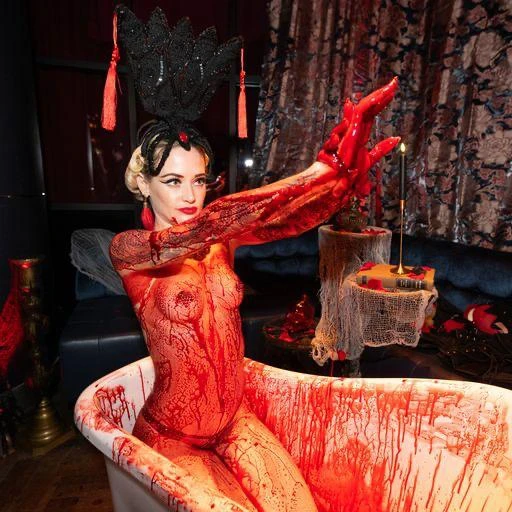 Performer covered in fake blood posing in a bathtub for a horror scene