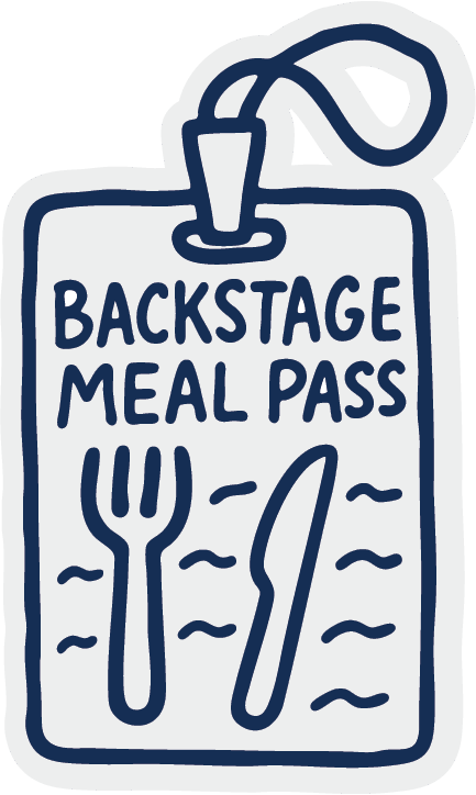 Illustration of a backstage meal pass featuring a fork and knife icon with the text "BACKSTAGE MEAL PASS."