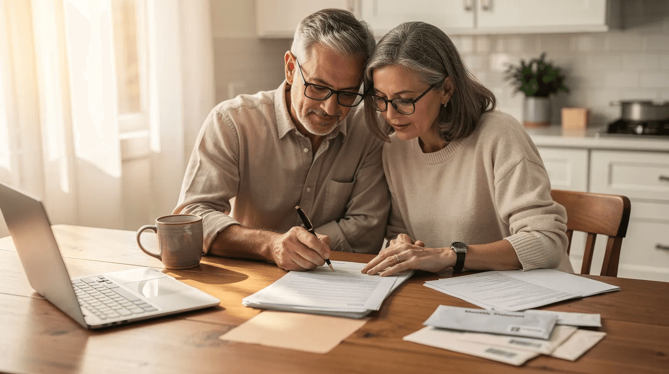 A mature couple sits at a kitchen table, reviewing documents related to their retirement plan, discussing their financial strategy for long-term financial security and ensuring their retirement savings are well-managed. The atmosphere is focused and collaborative, reflecting their commitment to protecting their retirement nest egg against market volatility and planning for future expenses.
