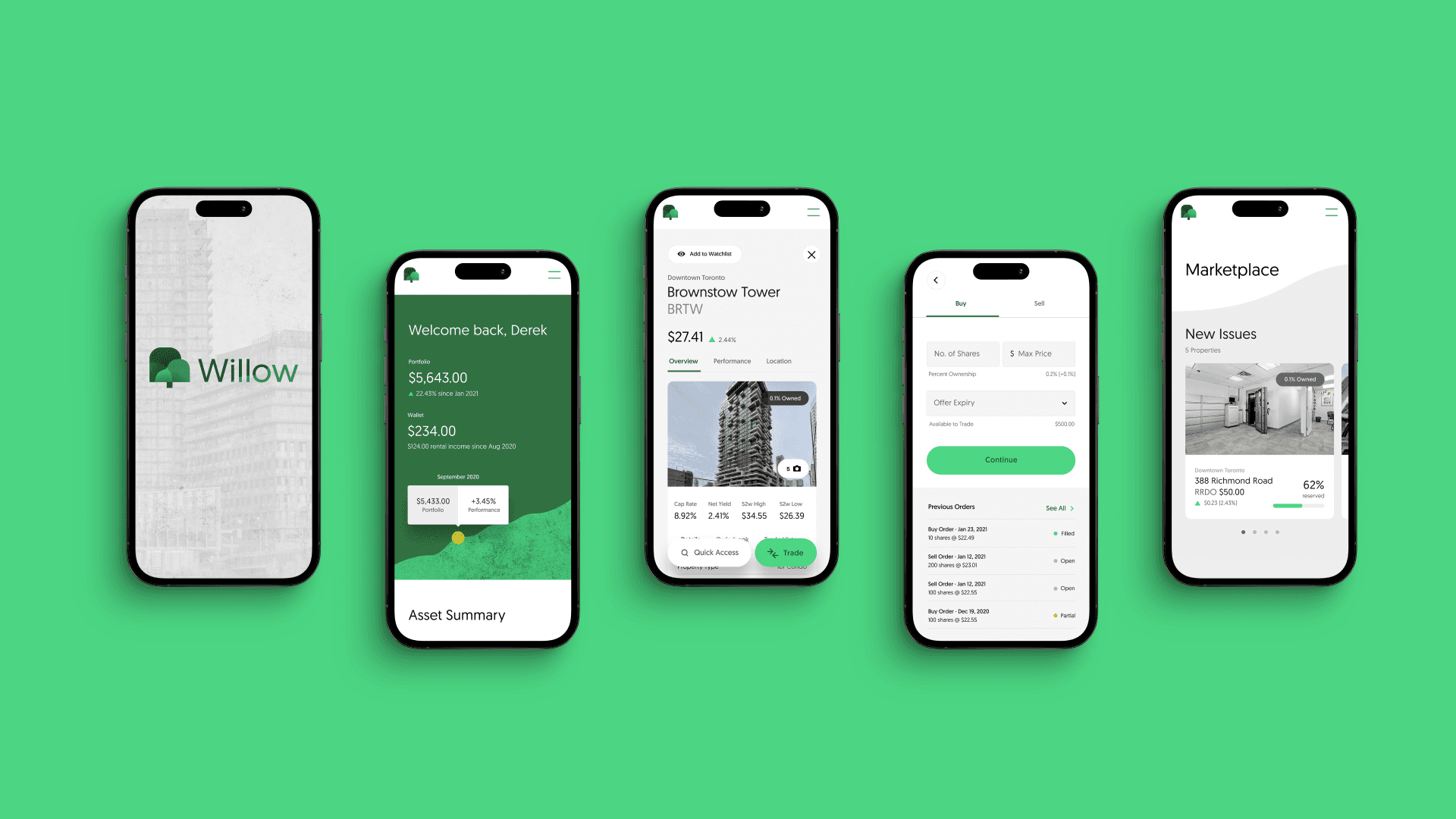 A series of five mobile screens showcasing the Willow app’s interface on a green background. The first screen features the Willow logo with a faint architectural background. The second screen displays a personalized dashboard with portfolio and wallet summaries, including performance metrics. The third screen highlights a property listing for ‘Brownstown Tower,’ detailing key metrics like capitalization rate and share value, with options to trade or explore more details. The fourth screen presents a trade interface, allowing users to input share quantity and price with a history of previous orders. The fifth screen shows the marketplace section, emphasizing ‘New Issues’ with property details such as location, ownership percentage, and reservation status. The design reflects a modern, user-friendly experience tailored for real estate investing.