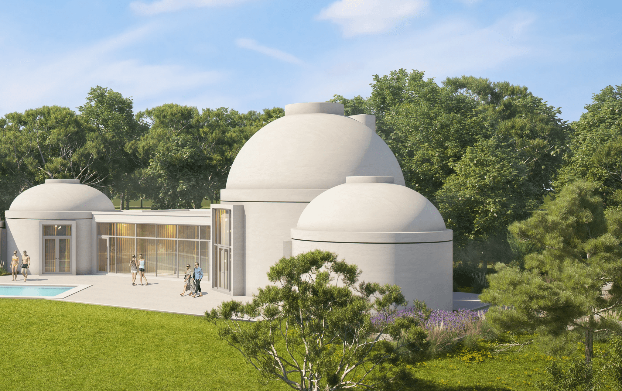 Pantheon House by IMaestri Group: Exterior view of the cluster of white, circular domed rooms and the adjacent swimming pool, rooted in historical meaning.