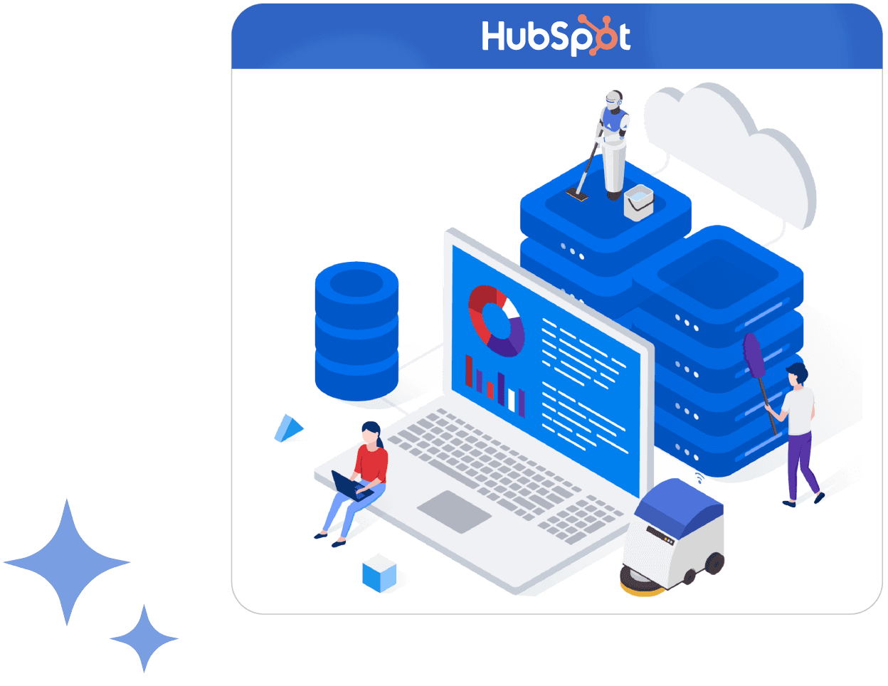 Illustration of a HubSpot portal dashboard with charts, analytics, and people working around data.