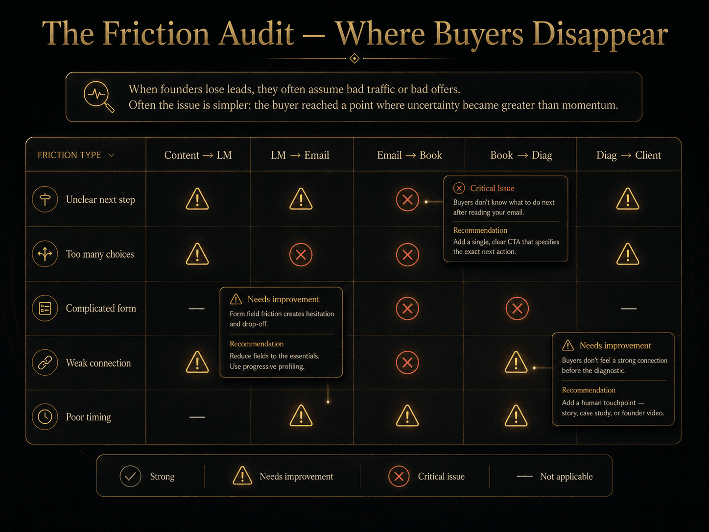 “The Friction Audit — Where Buyers Disappear” Concept: A minimalist, diagnostic matrix showing common friction points across the buyer journey.  Matrix columns: Journey Stage (Content → Lead Magnet → Email → Book → Diagnostic → Client)  Matrix rows: Friction Types  Friction Type	Content → LM	LM → Email	Email → Book	Book → Diag	Diag → Client Unclear next step	⚠️	⚠️	❌	❌	⚠️ Too many choices	⚠️	❌	❌	⚠️	⚠️ Complicated form	—	⚠️	❌	❌	— Weak connection	⚠️	❌	❌	⚠️	⚠️ Poor timing	—	⚠️	⚠️	⚠️	— Legend: ✅ Strong / ⚠️ Needs improvement / ❌ Critical issue / — Not applicable  Label: “When founders lose leads, they often assume bad traffic or bad offers. Often the issue is simpler: the buyer reached a point where uncertainty became greater than momentum.”  Style: Spreadsheet-luxury meets diagnostic matrix. Dark background, gold borders, red/yellow/green status indicators.  Interaction: Hovering any cell expands a detailed explanation of that friction point and specific recommendations for fixing it. Clicking the cell opens a worksheet for that transition.