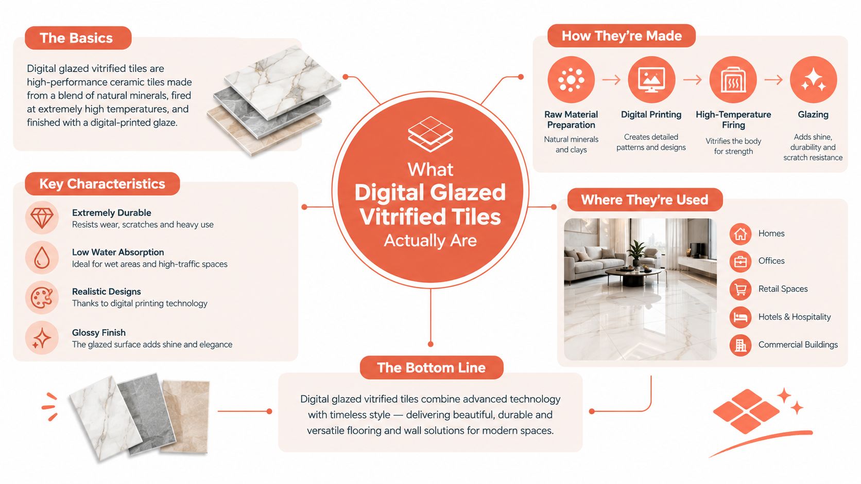 An infographic explaining the manufacturing, benefits, and applications of digital glazed vitrified tiles for home interiors.