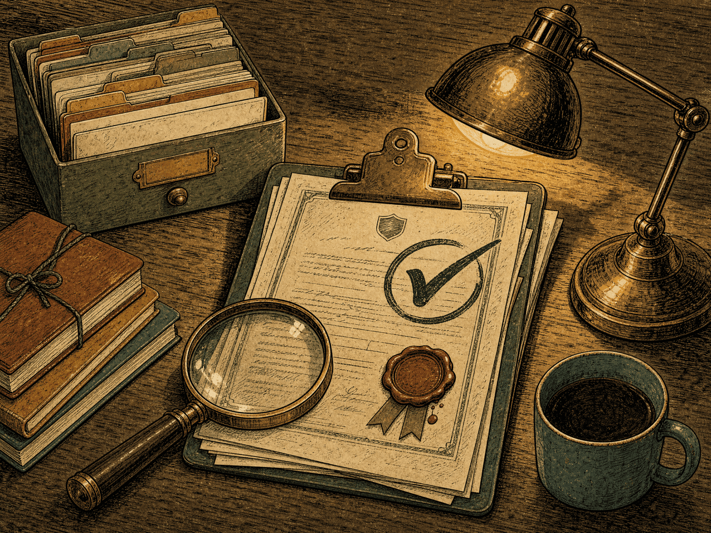 Hand-drawn insurance certificates on a clipboard, checked and sealed, under a desk lamp
