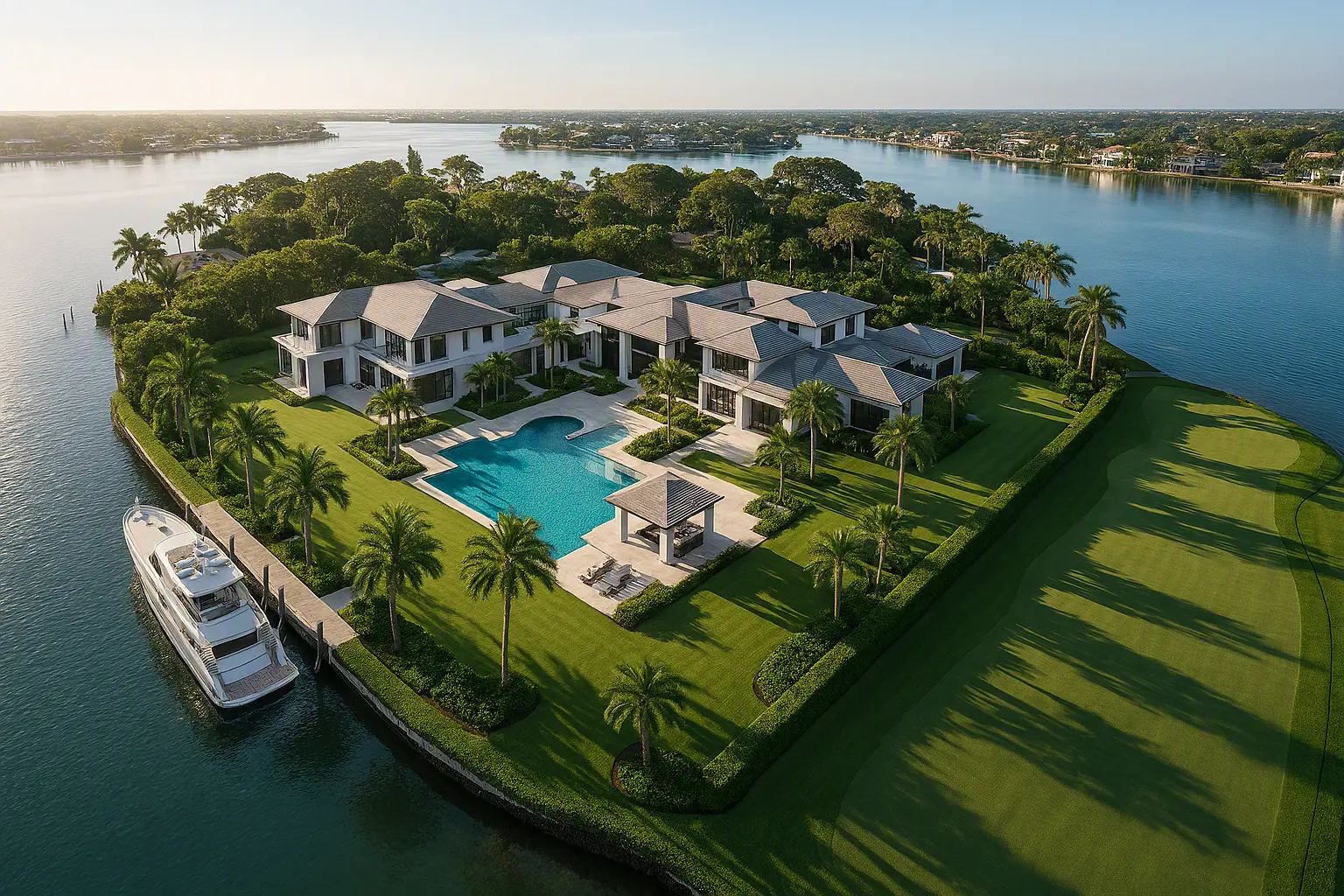 Aerial view of an exclusive private island estate featuring multiple luxury villas, a large swimming pool with gazebo, private yacht dock, and adjacent golf course surrounded by water