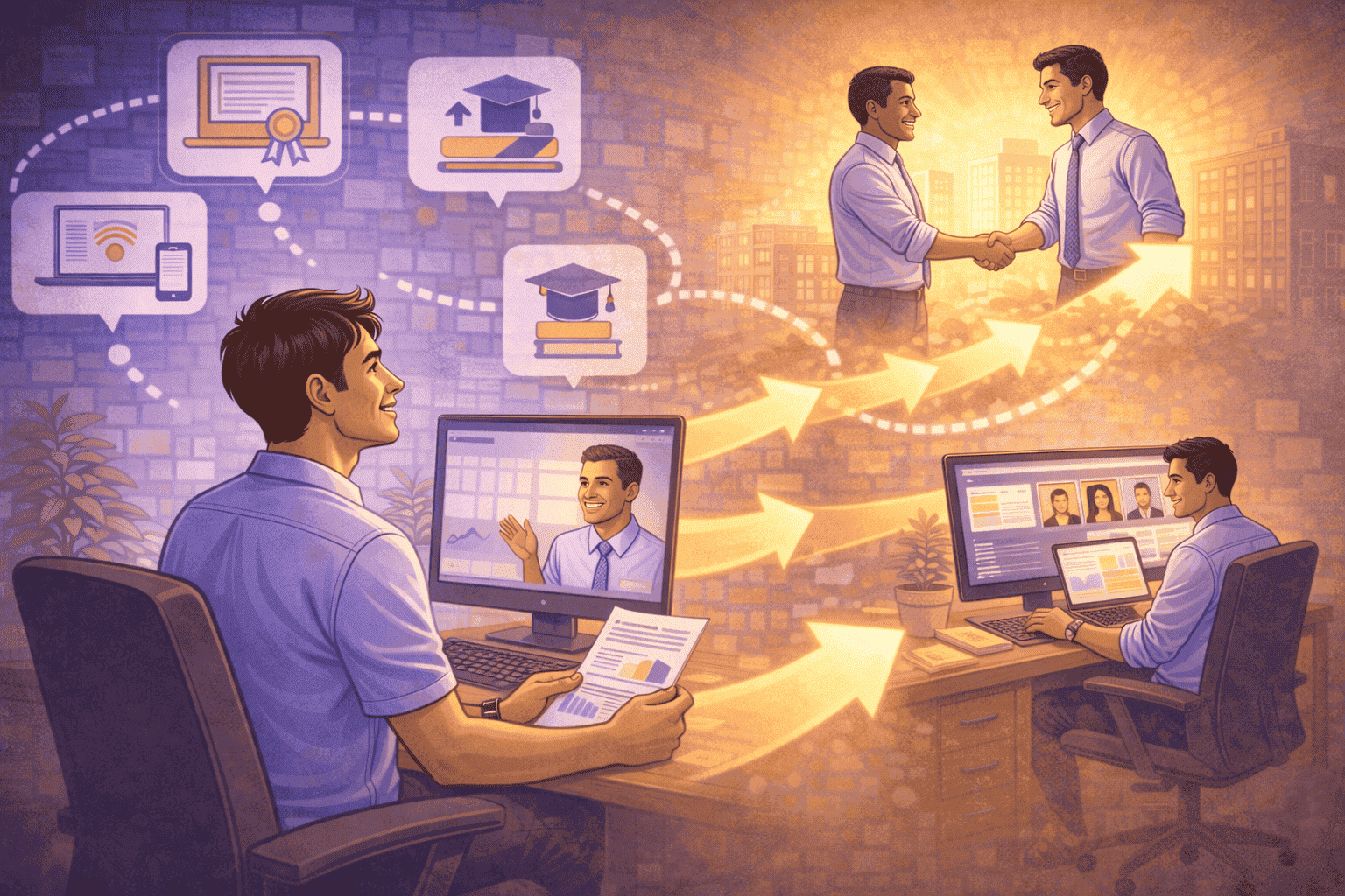 Remote employee progressing in career with visible growth path, mentorship, and professional development opportunities