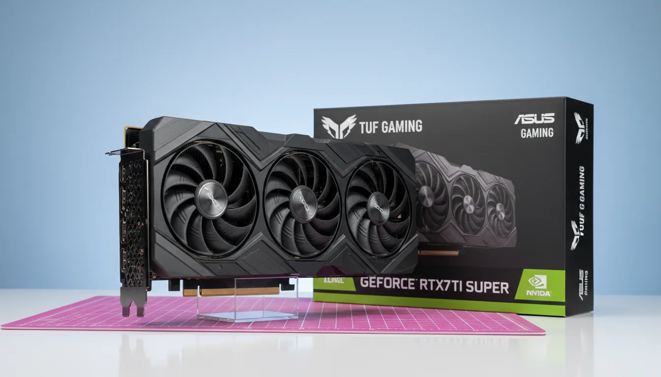 High-fidelity DSLR product photograph of a black ASUS TUF Gaming GeForce RTX 4070 Ti Super graphics card standing vertically on a pink gridded cutting mat. Next to the GPU is its black retail box, angled towards the viewer. The setup is on a clean white surface with a plain, pale blue studio backdrop. The image features soft studio lighting, sharp focus, and highlights the matte textures of the computer hardware.