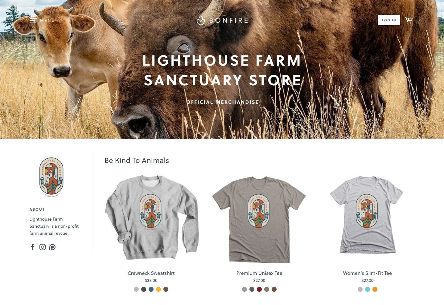 Lighthouse Farm Sanctuary store with image of cows and bison.  Shop features sweatshirts and t-shirts with "Be Kind To Animals" logo.