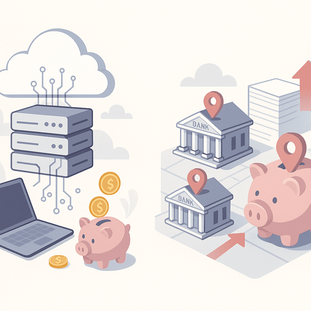 Vector comparison of AI digital mortgage model with lower fees versus branch network’s higher overhead costs