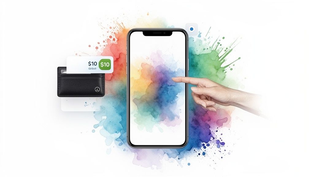 A hand interacts with a smartphone displaying colorful watercolor splashes, next to a wallet with a $10 card.