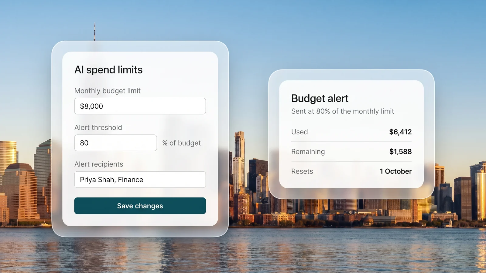 The monthly budget limit, alert threshold and alert recipients an administrator sets, beside the alert email sent when spend crosses the threshold