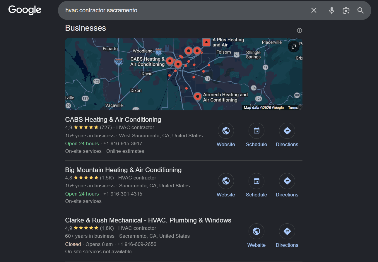 Map Pack showing results for HVAC Contractor in Sacramento