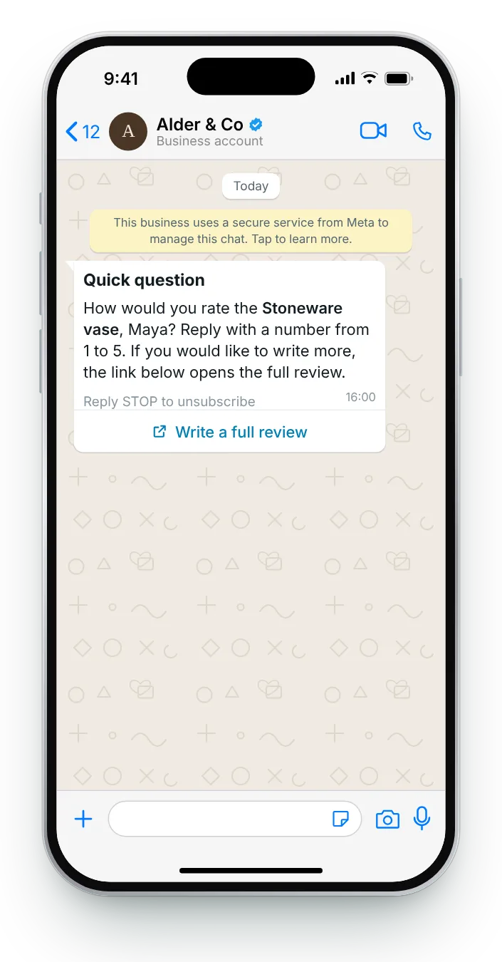 Rate by replying with a number: WhatsApp review request on an iPhone