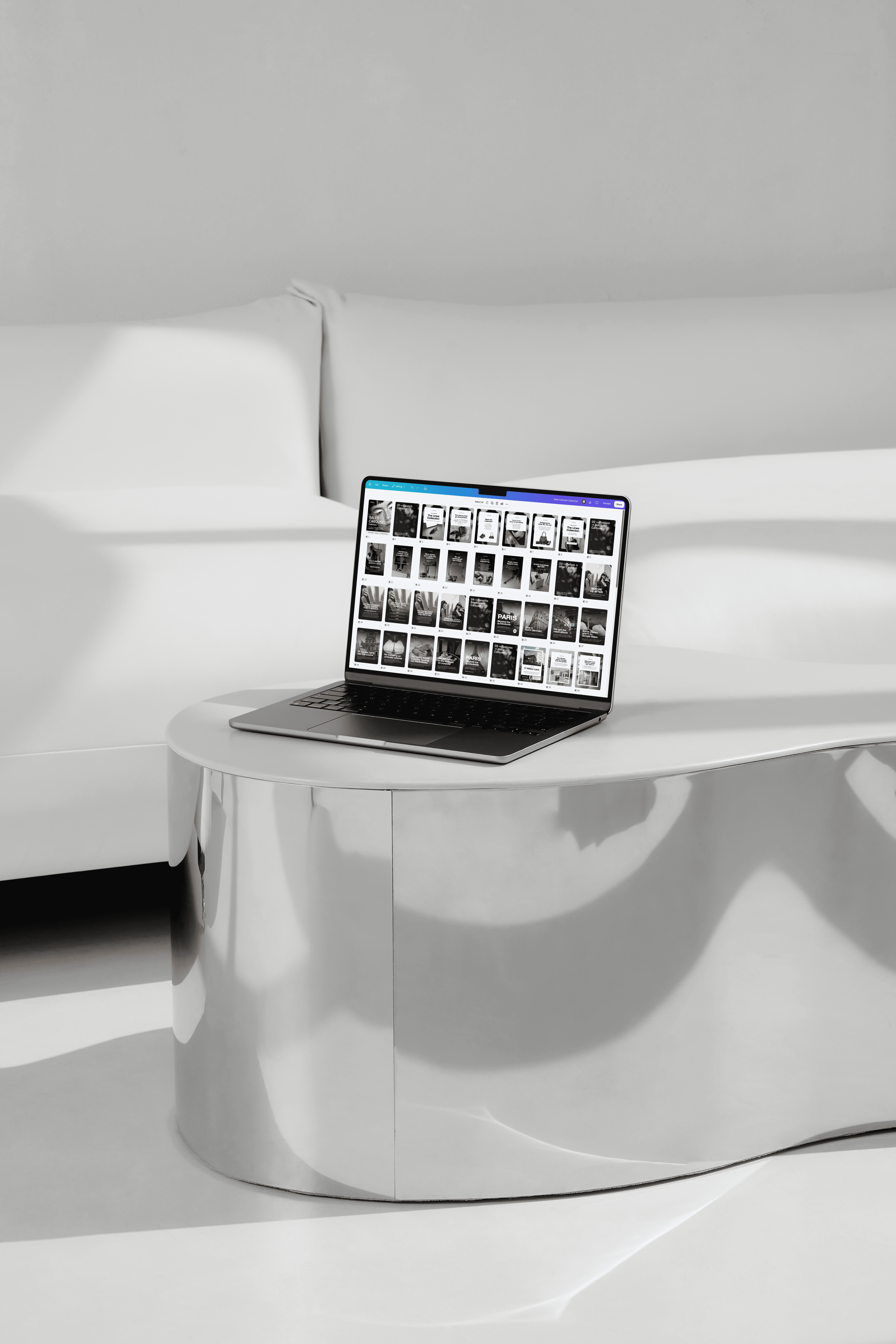 Macbook mockup displaying sales carousel collection open in Canva