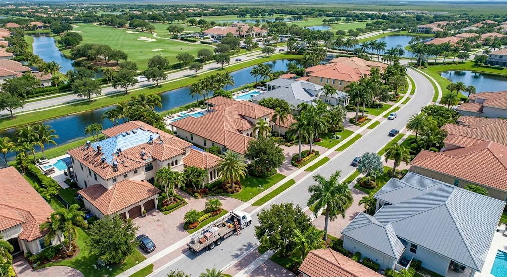 Roofing contractor Weston FL — premium barrel tile roof replacement on luxury home in The Ridges by Roofing Network licensed contractor