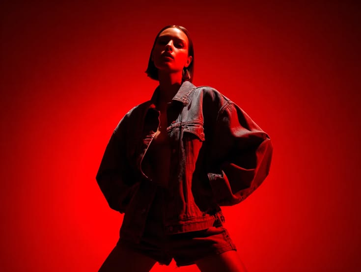 a woman wearing jacket in a red backround