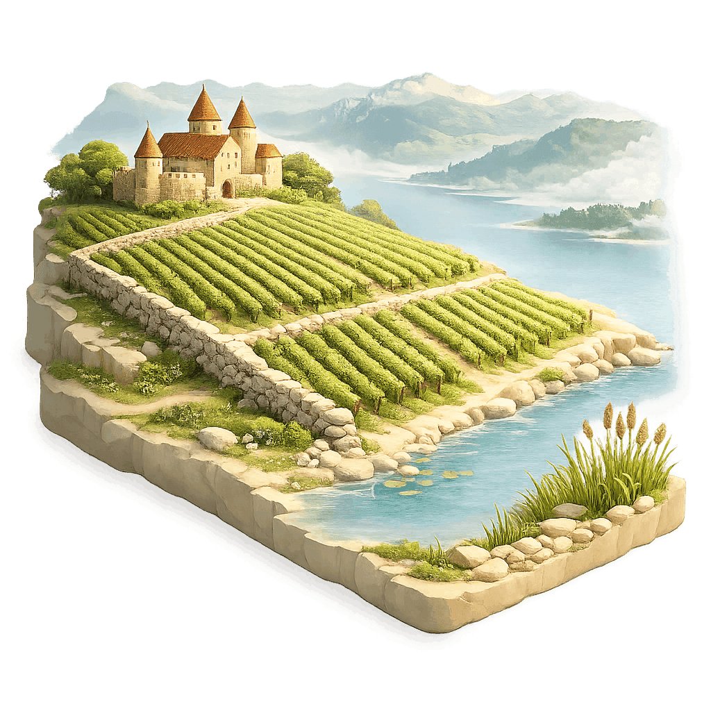 Artistic illustration of the Trois Lacs wine region.
