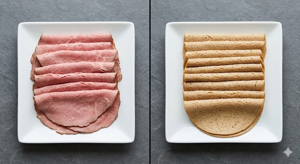 A comparison guide showing stacked slices of real lean roast beef on one plate and plant-based deli slices on another, highlighting texture and appearance for vegetarian or vegan diets.