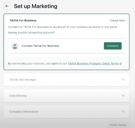 Set up Marketing screen in Shopify for connecting a TikTok For Business account