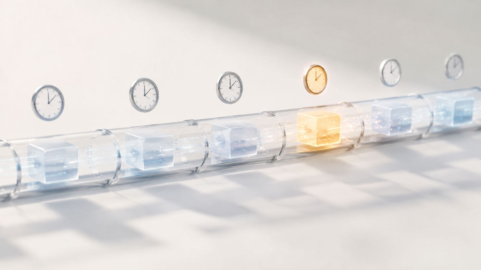 A digital visualization showing transparent cubes flowing through a glass pipeline synchronized with floating analog clocks.